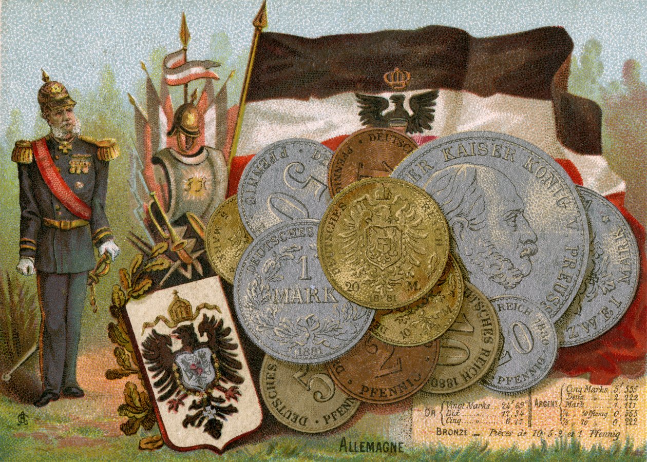 Kaiser Wilhelm I stående bredvid Konungariket Preussens flagga och en visning av tyska tyska mark, ca 1890 av French School