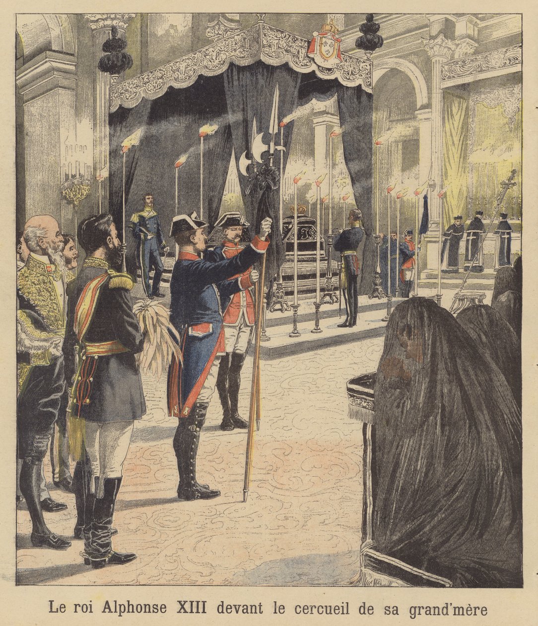 Kung Alfonso XIII av Spanien framför sin mormor, drottning Isabella II:s kista (färglitografi) av French School