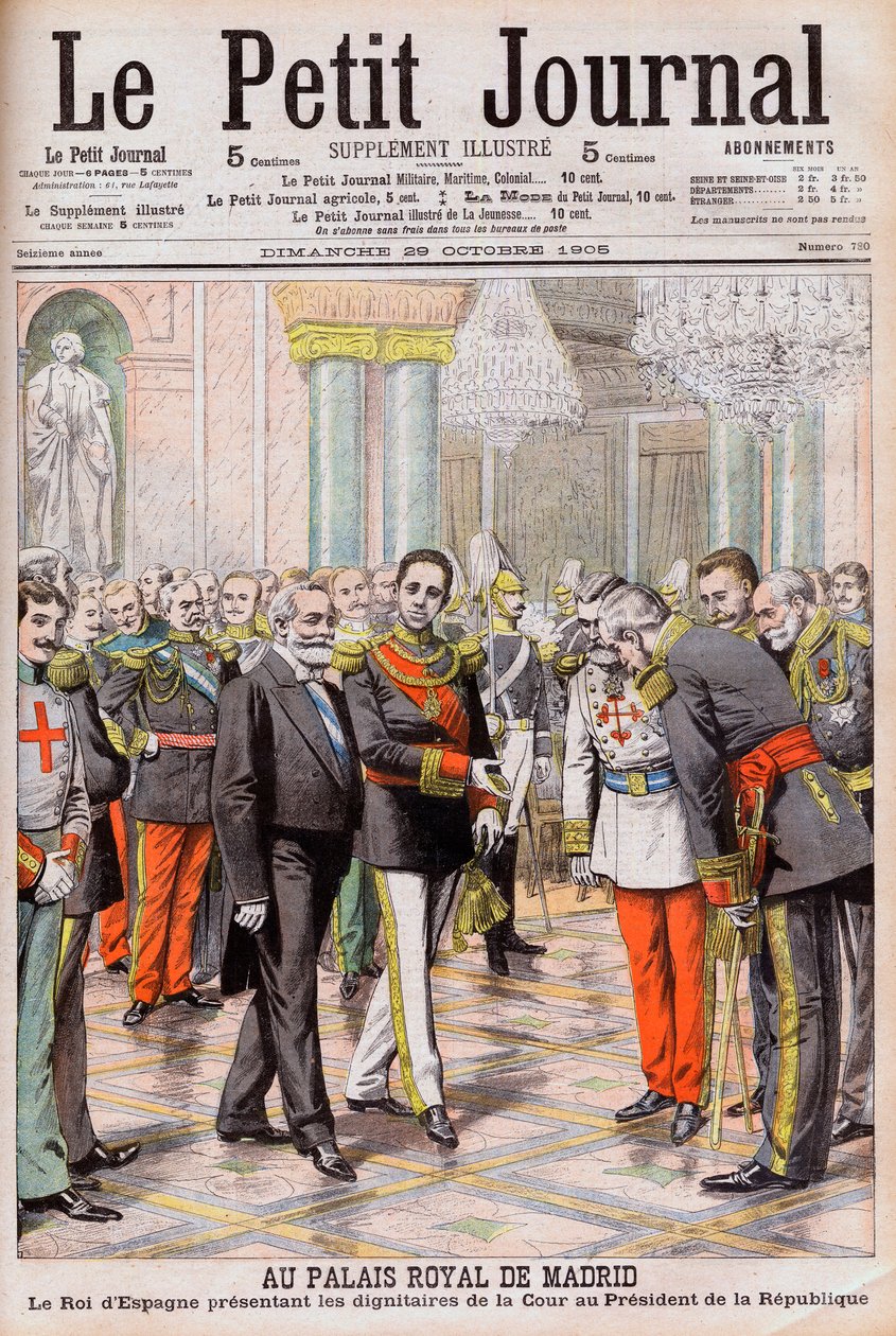 Kung Alfonso XIII av Spanien presenterar sitt hov för Frankrikes president Emile Loubet vid det kungliga palatset i Madrid. Vid det kungliga palatset i Madrid. Kungen av Spanien Alfonso XIII presenterar hovets dignitärer för republikens president Loubet av French School