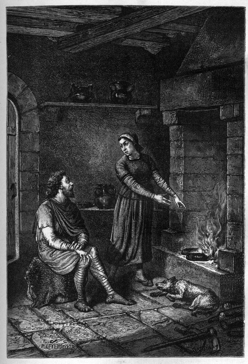 “ Kung Alfred den Store (849-899) glömmer kakorna som det danska huset lagade under hennes tak i Athelney och bränner dem, 878 (gravyr) av French School