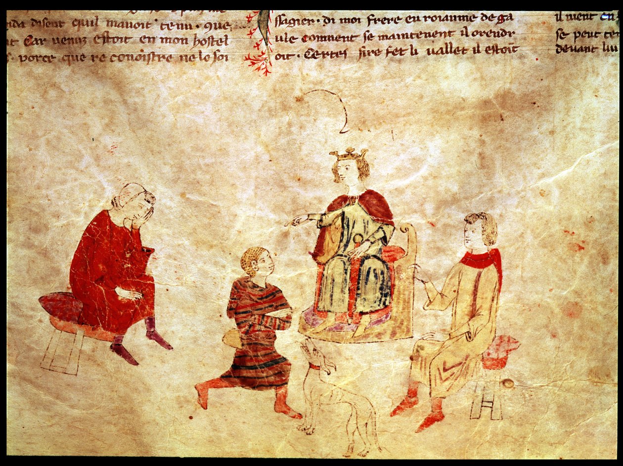 Kung Arthur på sin tron omgiven av sina rådgivare, från Roman de Meliadus av French School