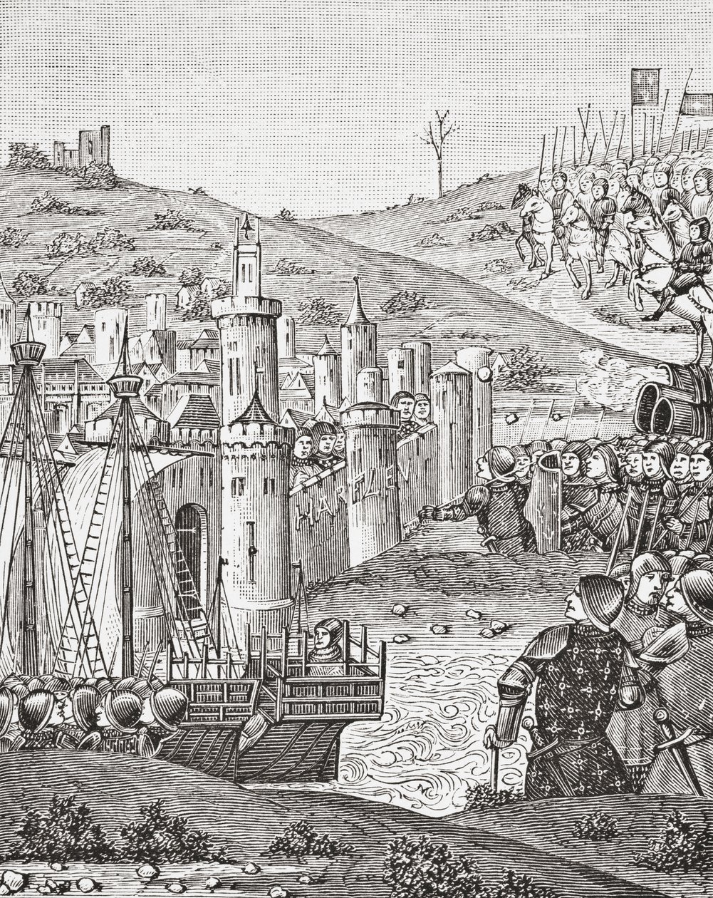 Kung Charles VII, efter att ha lämnat Rouen, ger sig ut för att belägra staden Harfleur, efter en miniatyr från 1400-talets manuskript Chroniques de Monstrelet, från Science and Literature in The Middle Ages av Paul Lacroix pub. London 1878 av French School