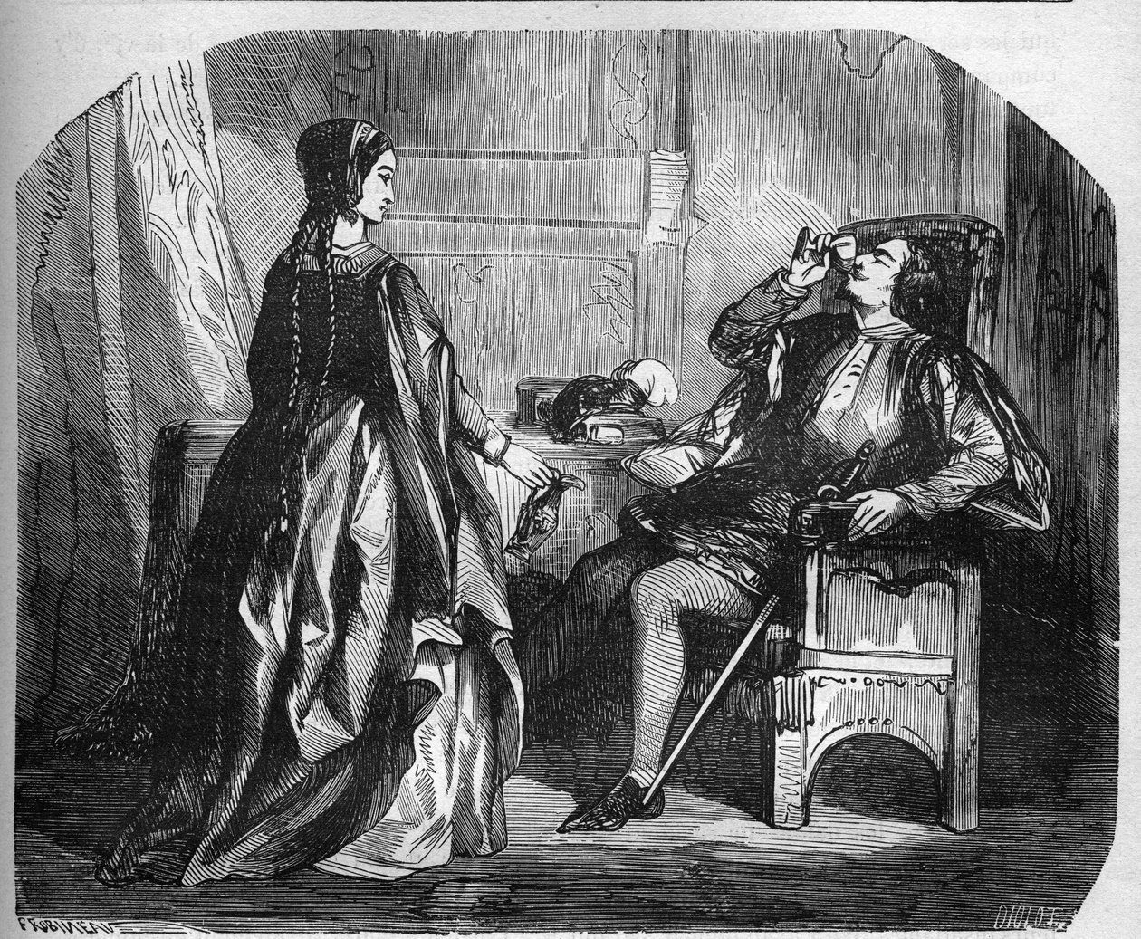 Kung Karl VI av Frankrike, känd som Karl den gode Aime, sedan Karl den Folle (1368-1422) med sin älskarinna Odinette (Odette) de Champdivers. Gravyr i "Prostitutionens och utsvävningens historia bland alla världens folk från antiken till av French School