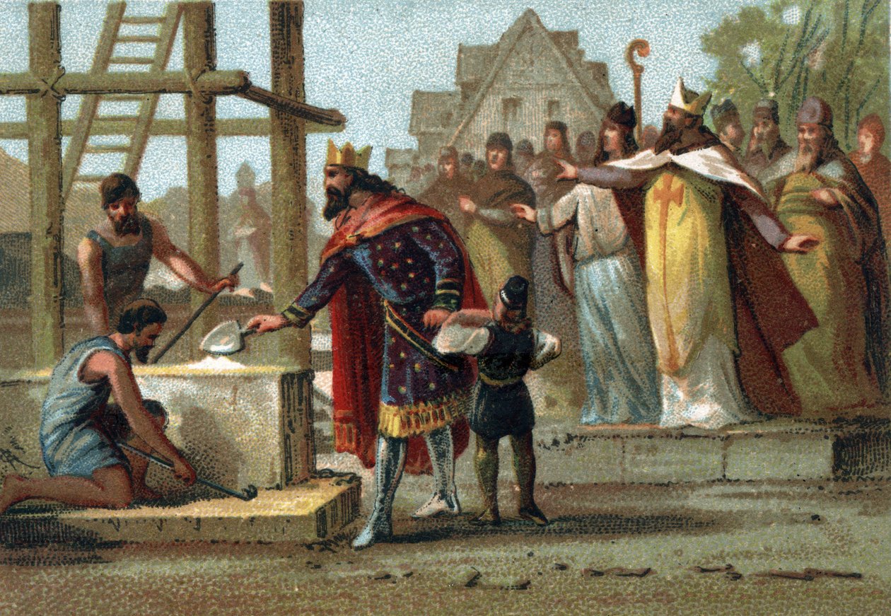 Kung Dagobert I (600-639) övervakar byggandet av Cathedrale Saint Denis. av French School