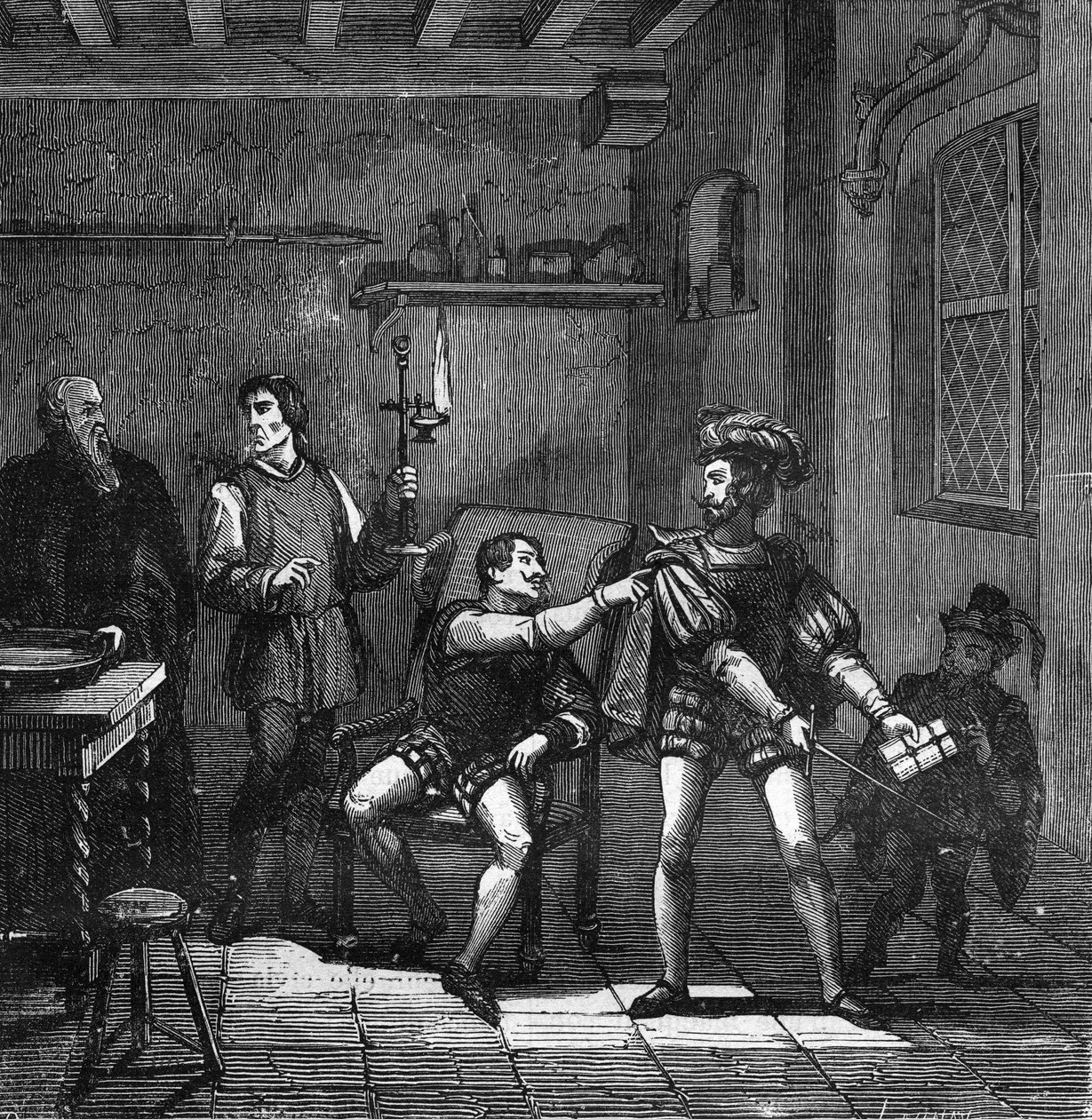 Kung Francois I (1494-1547) och Charles Brandon, hertig av Suffolk fick i uppdrag att gifta sig med Mary Tudor (Mary av England) som växte upp med utsvävningarna vid hovet. gravyr i ”Historia om prostitution och utsvävningar bland alla världens folk från a av French School