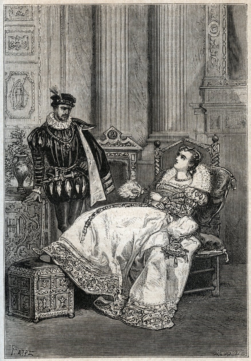 Kung Henrik II (1519-1559) och Diane de Poitiers (1499-1566) - Henrik II av Frankrike och Diane de Poitiers - gravyr från "" Histoire de France" av Jules Michelet - 1876-1877 - av French School