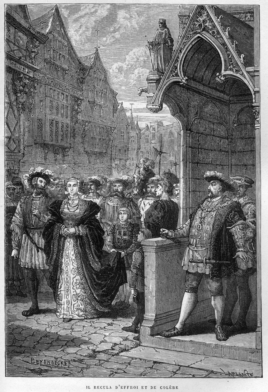 Kung Henrik VIII (Henry) (1491-1547) Ser Anne av Cleves (1515-1557) - gravyr från "The History of England, from the tidigast times" av Francois Guizot 1877. av French School
