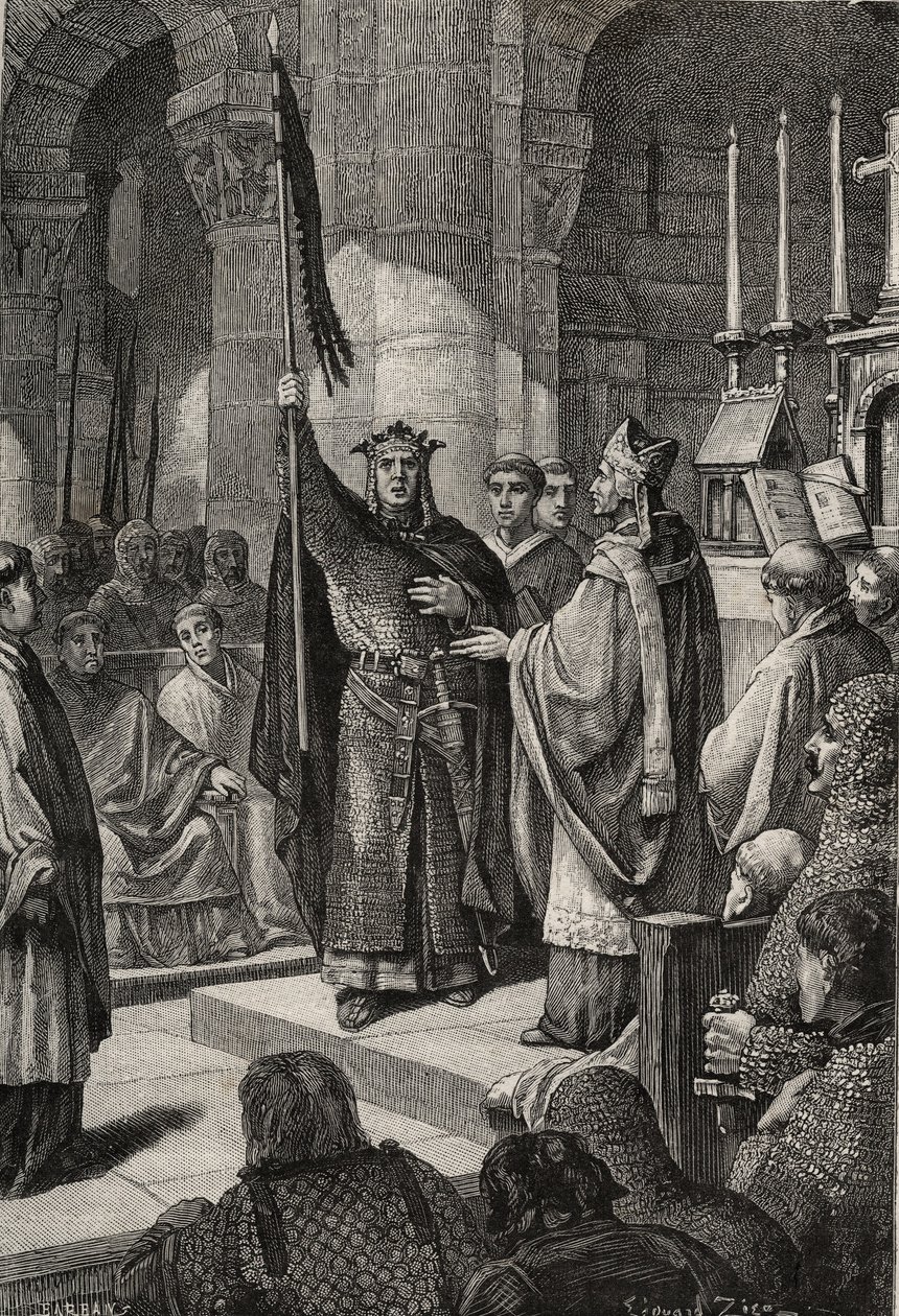 Kung Ludvig VII (1120-1180) tar oriflamen vid basilikan Saint Denis (Saint Denis) i närvaro av drottning Alienor av Aquitaine och tar emot humlan och pannetieren av pelerin från påven Eugene III:s händer (? -1153) före hans avgång av French School
