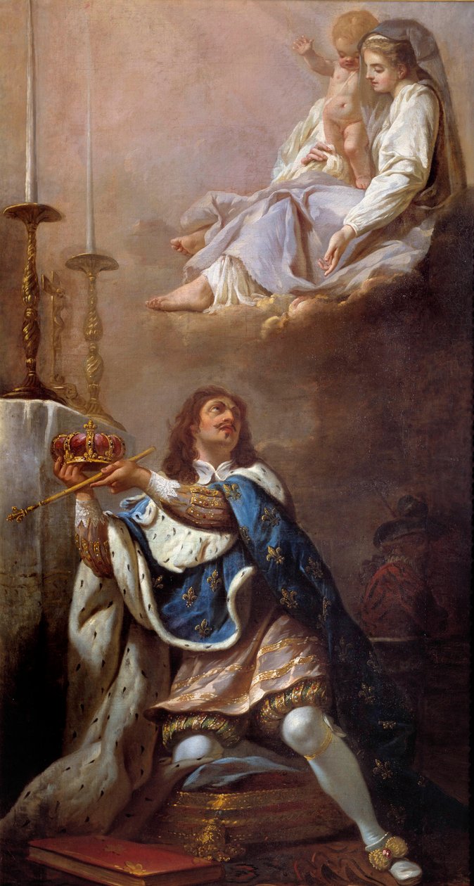 Kung Ludvig XIII erbjuder sin krona till den franska skolans jungfrumålning. Versailles från 1600-talet. Vår Fru av Versailles kyrka av French School