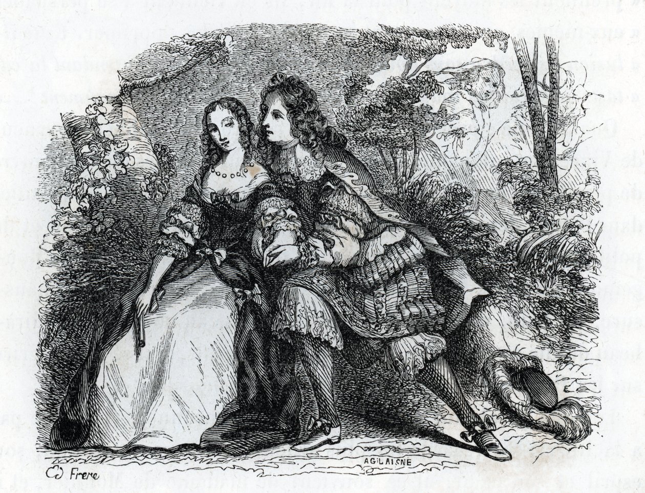 Kung Ludvig XIV (1638-1715) och hans älskarinna Louise de La Valliere (1644-1710) - (gravyr) 1846 av French School