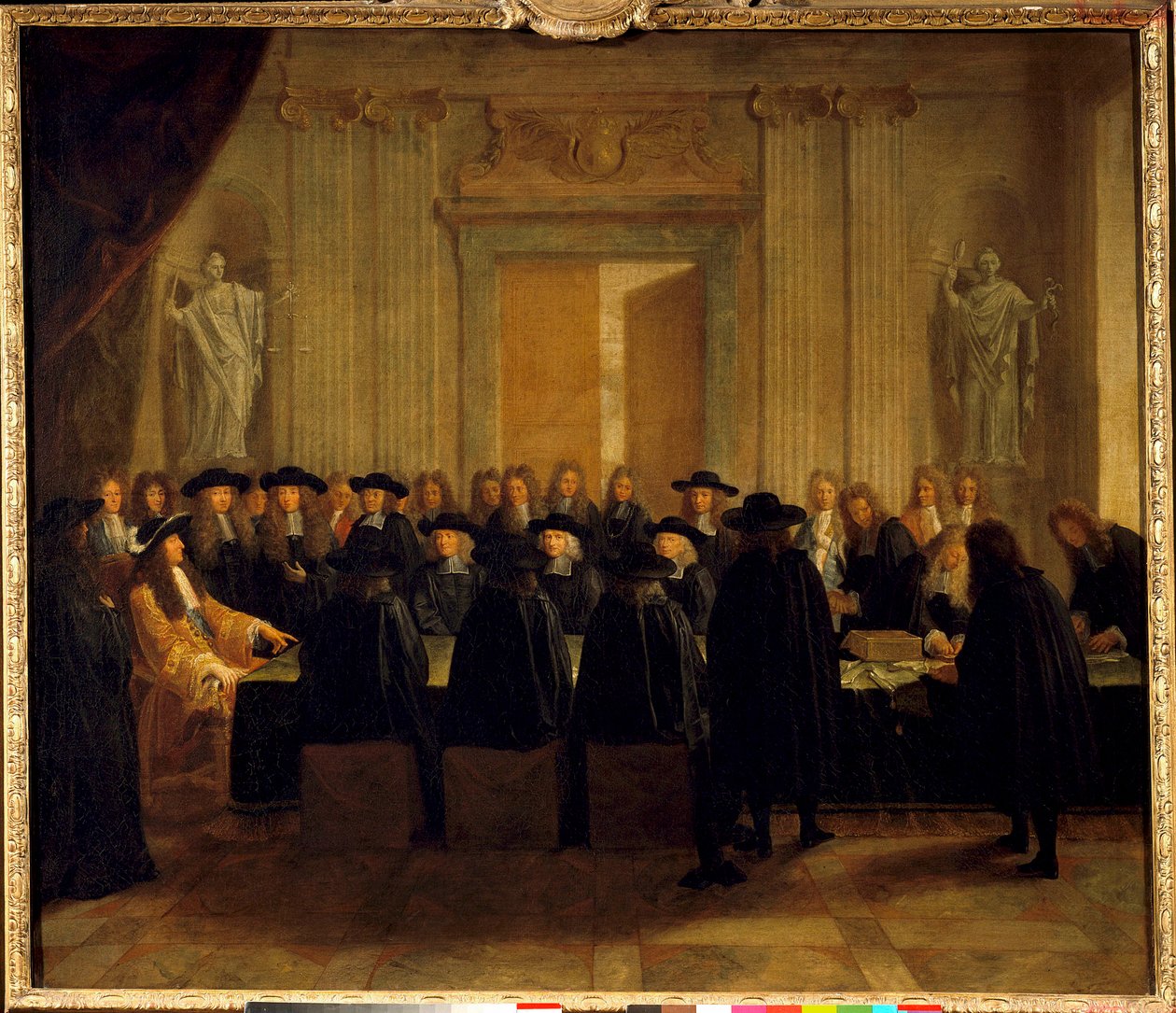Kung Ludvig XIV (1638-1715) håller sigillen i närvaro av statsråden och befälhavaren medan han själv innehade ämbetet som Frankrikes kansler mellan februari och april 1672 Anonym målning. 1600-talets sön. 1,10 x 1,28 m av French School