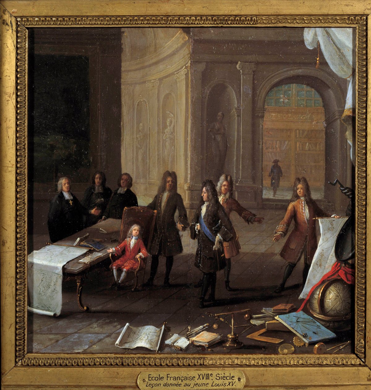Kung Ludvig XV (1710-1774) barn som tar emot en lekon i närvaro av kardinal Fleury och regenten Philip II hertig av Orleans (1674-1723) Anonym målning från 1700-talet, olja på koppar Dim. 0,23 x 0,23 m Paris, Musee Carnavalet - Teaching