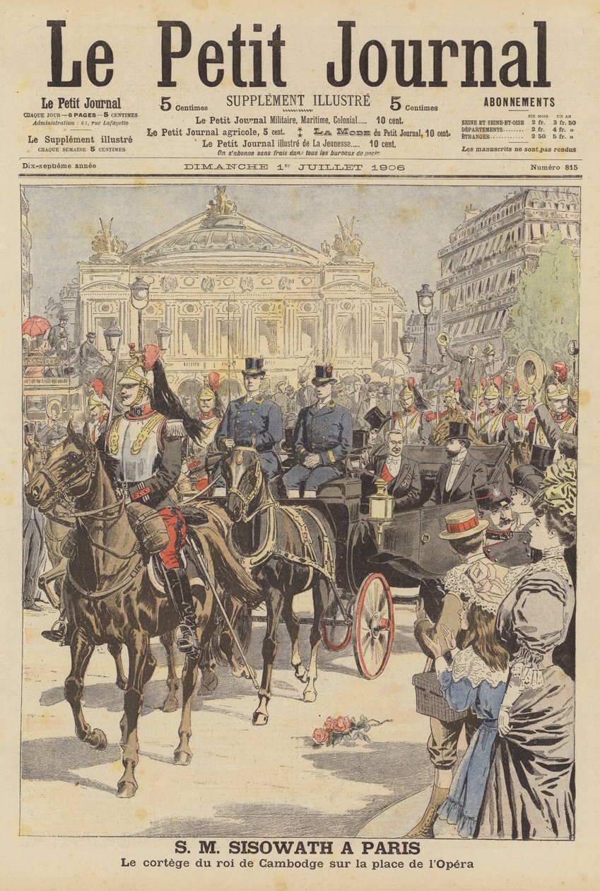 Kung Sisowath av Kambodja på besök i Paris (färglitografi) av French School