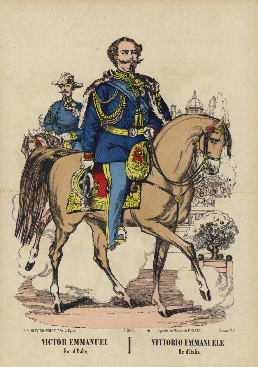 Kung Victor Emmanuel II av Italien (färglitografi) av French School