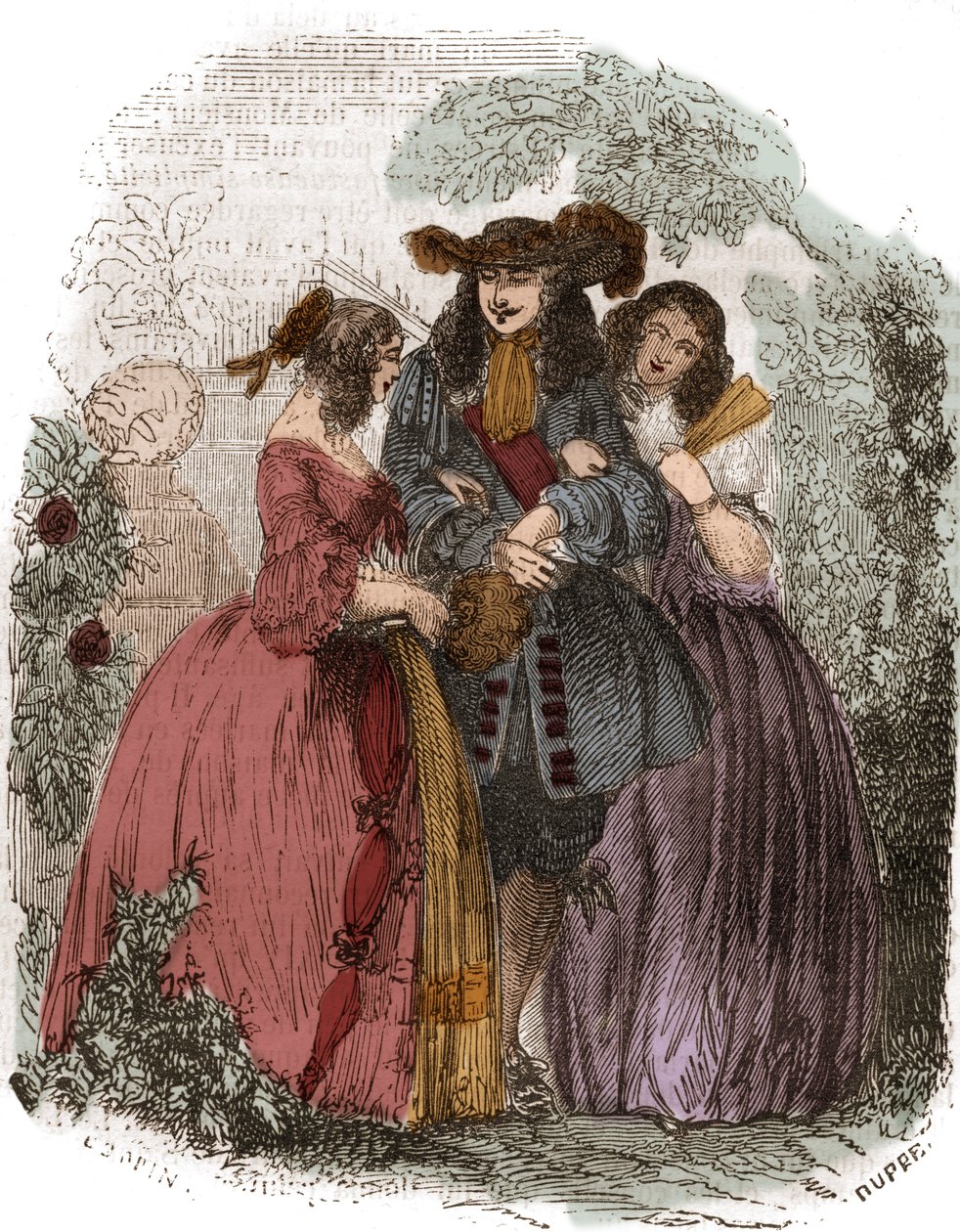 Kung av Frankrike Ludvig XIV (1638-1715) med Hortense Mancini (1646-1699) och hans syster Marie Mancini (1639-1715). Systerdotter till Mazarin. Gravyr av 1800-talet. av French School