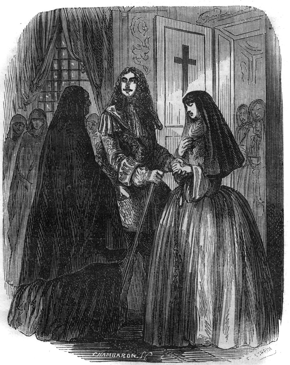 Kung av Frankrike Ludvig XIV (1638-1715) med Louise Francoise de la Valliere (1644 - 1710). Gravyr av 1800-talet. av French School
