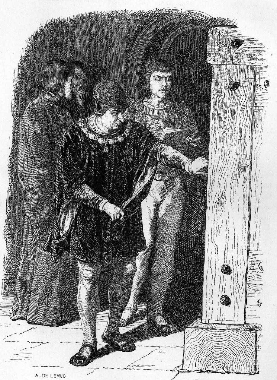 Kung av Frankrike Ludvig XI besöker bastiljens burar. Gravyr i "" Notre Dame de Paris"" av Victor Hugo av French School