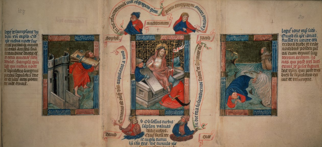 Kungaboken 5 f.20 Uppståndelsen, Simson bryter ner Gazas portar, Jona flyr från valen, från Biblia Pauperum, tidigt 1400-tal (vellum) av French School
