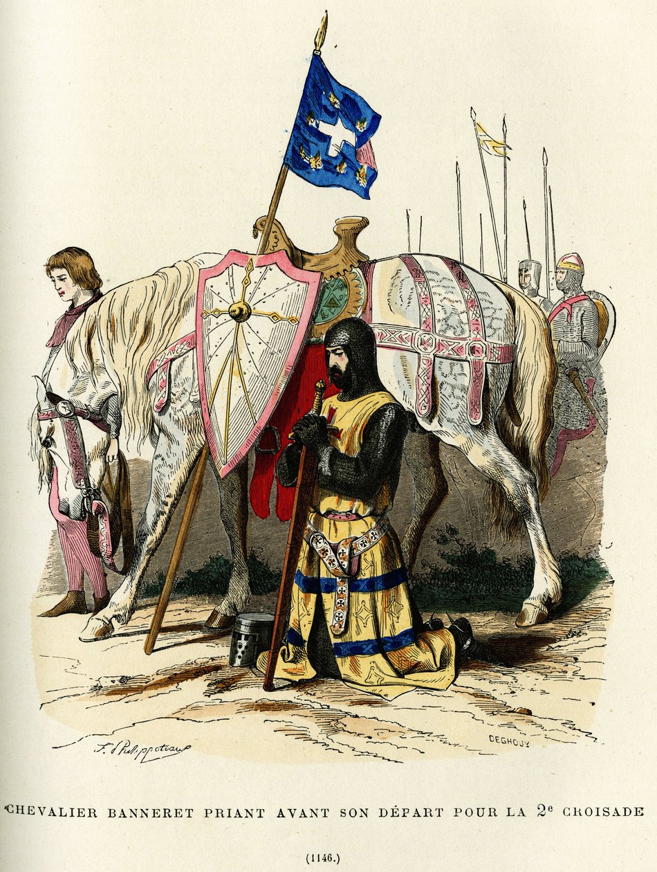 Riddarbaneret (adlig titel som ger rätt att bära en fana) ber innan han ger sig ut på det andra korståget (1147-1149). Färggravyr, i "France et les francais a travers les siecles" av Augustin Challamel, F.Roy editor, Paris 1882. av French School