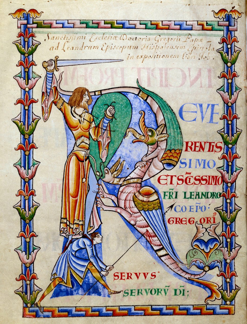Riddare som kämpar mot draken - lettrine R (initial), miniatyr från manuskriptet "Moralia in Job", Morales sur Job av Saint Gregoire, från klostret i Citeau av French School