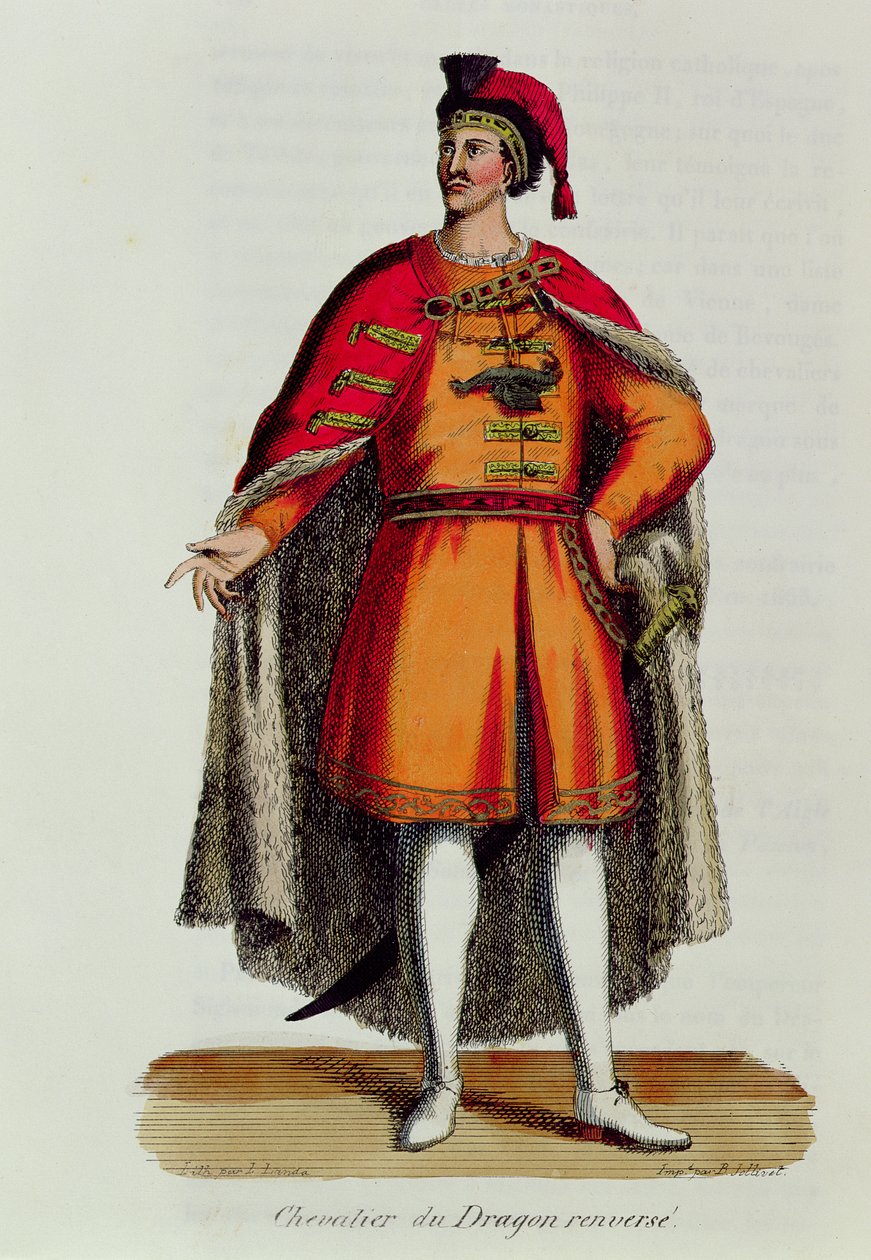 Riddare av den ungerska drakorden omkullkastad, illustration från Histoire et Costumes des Ordres Monastiques av Pierre Helyot (1660-1716), 1842 av French School