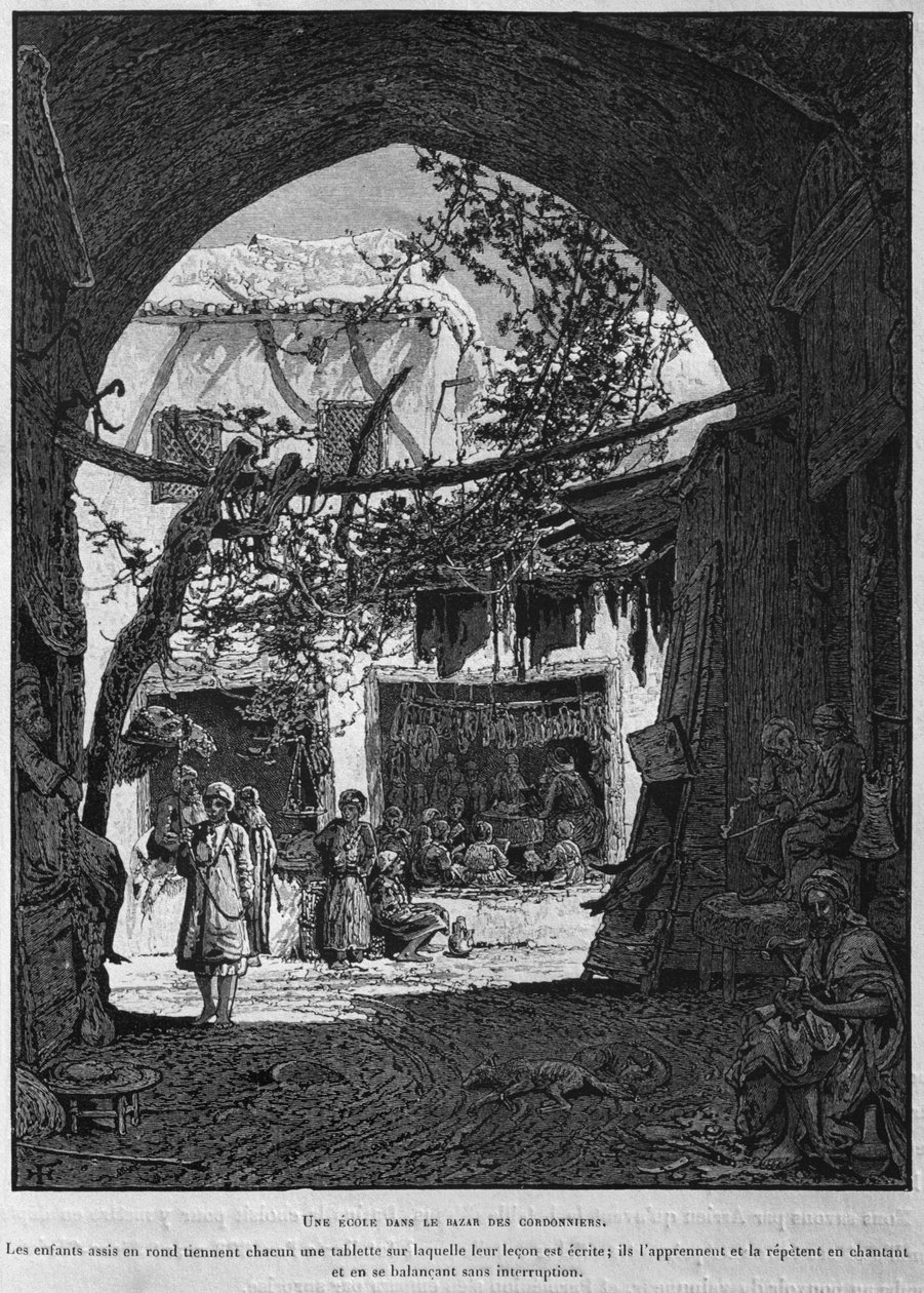 Koranskola i skomakarens baazar, från La Terre Sainte av Victor Guerin, 1884 (bw gravyr) av French School