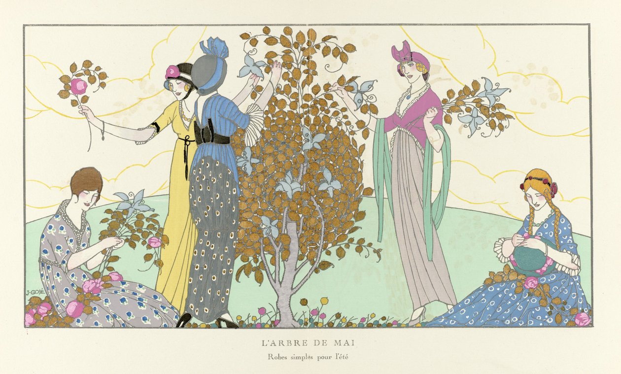 Majträdet. Enkla klänningar för sommaren från La Gazette du Bon Ton, pub. 1914 (stenciltryck) av French School