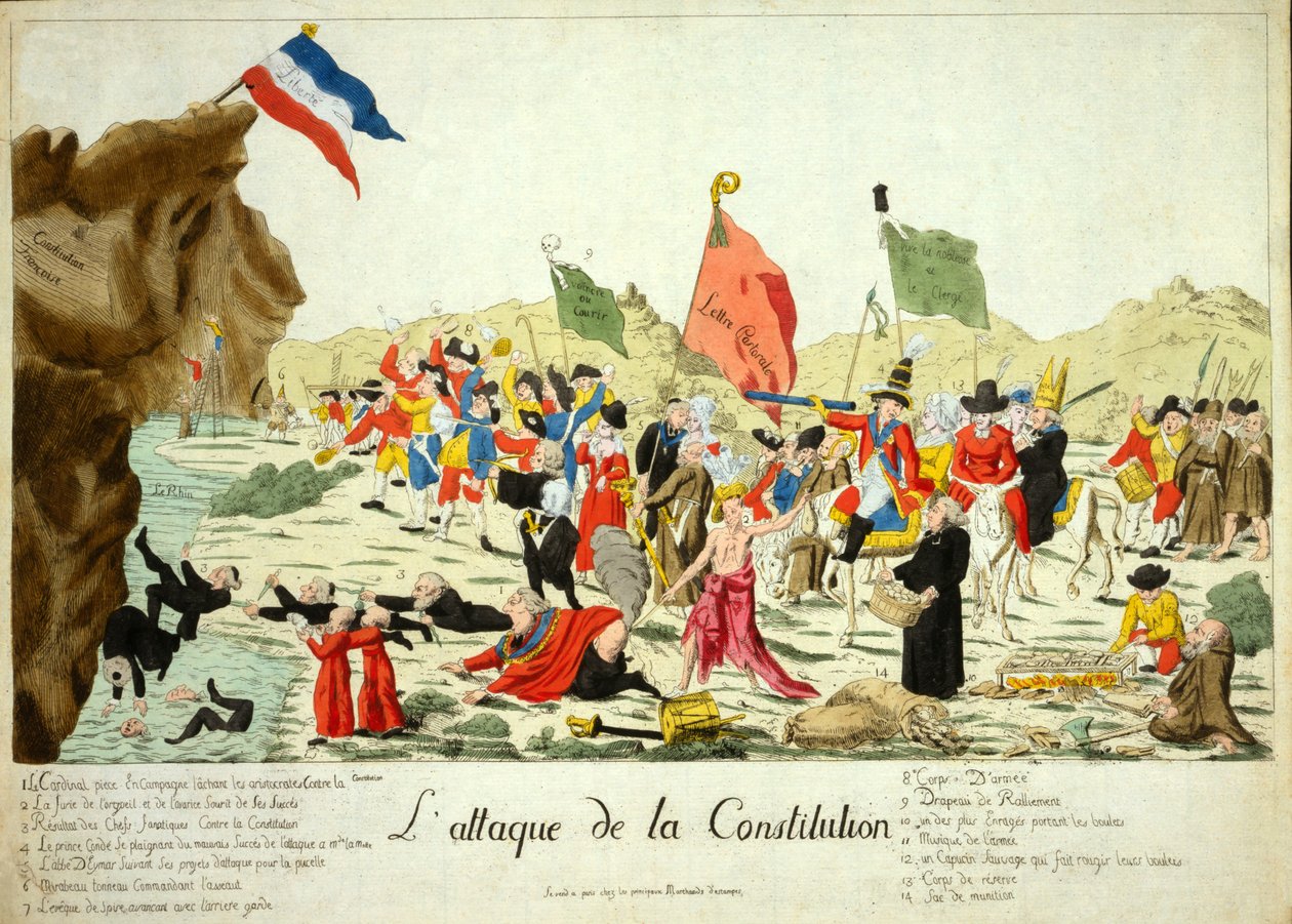 Attack mot konstitutionen, pub. 1792 (handfärgad gravyr) av French School