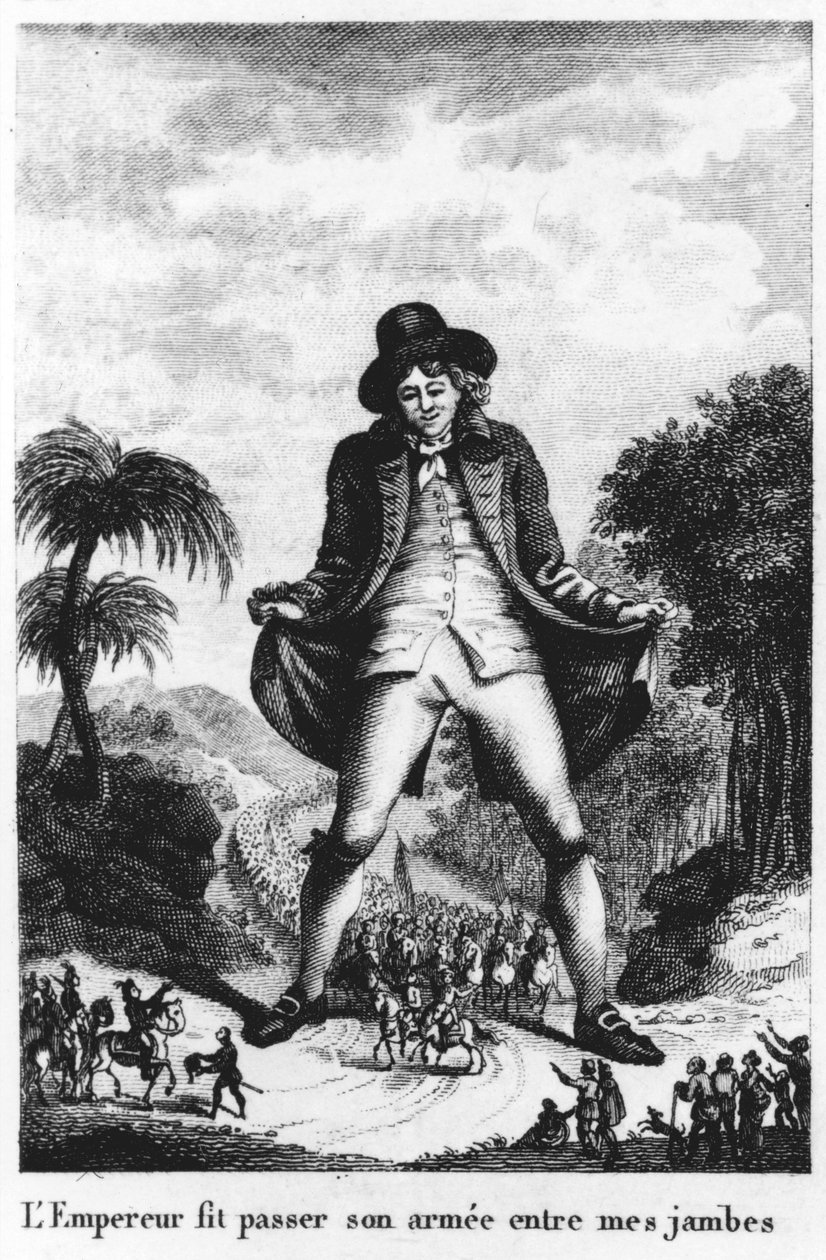 Kejsaren skickade sin armé mellan mina ben, hämtad från en fransk översättning av Gullivers Travels av French School