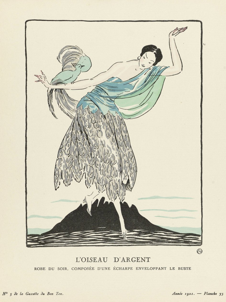 Silverfågeln. Aftonklänning, bestående av en halsduk som omsluter bysten från La Gazette du Bon Ton, pub. 1914 (stenciltryck) av French School
