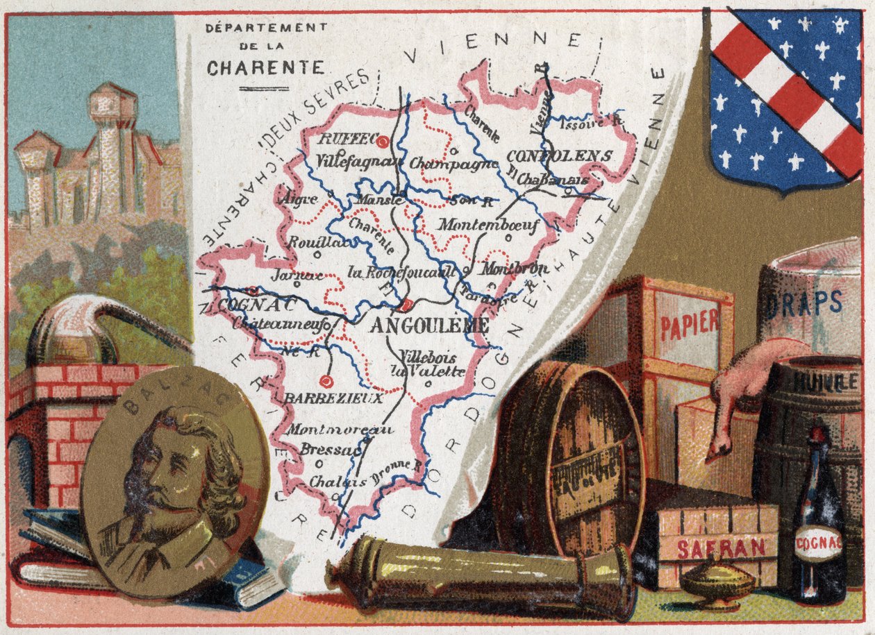 La Charente (16), Poitou-Charentes (Poitou Charentes), Frankrike. Porträtt av Honore de Balzac (1799-1850), fransk författare. Lokal specialitet: konjak, saffran, papper, lakan, olja, konjak. Serie om de franska departementen. Kromolitografi (Chromo) "" ge av French School