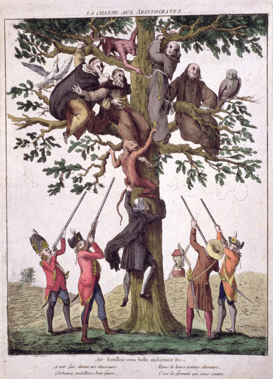 Jakten på aristokraterna, anti-royalistisk karikatyr, c.1792 av French School