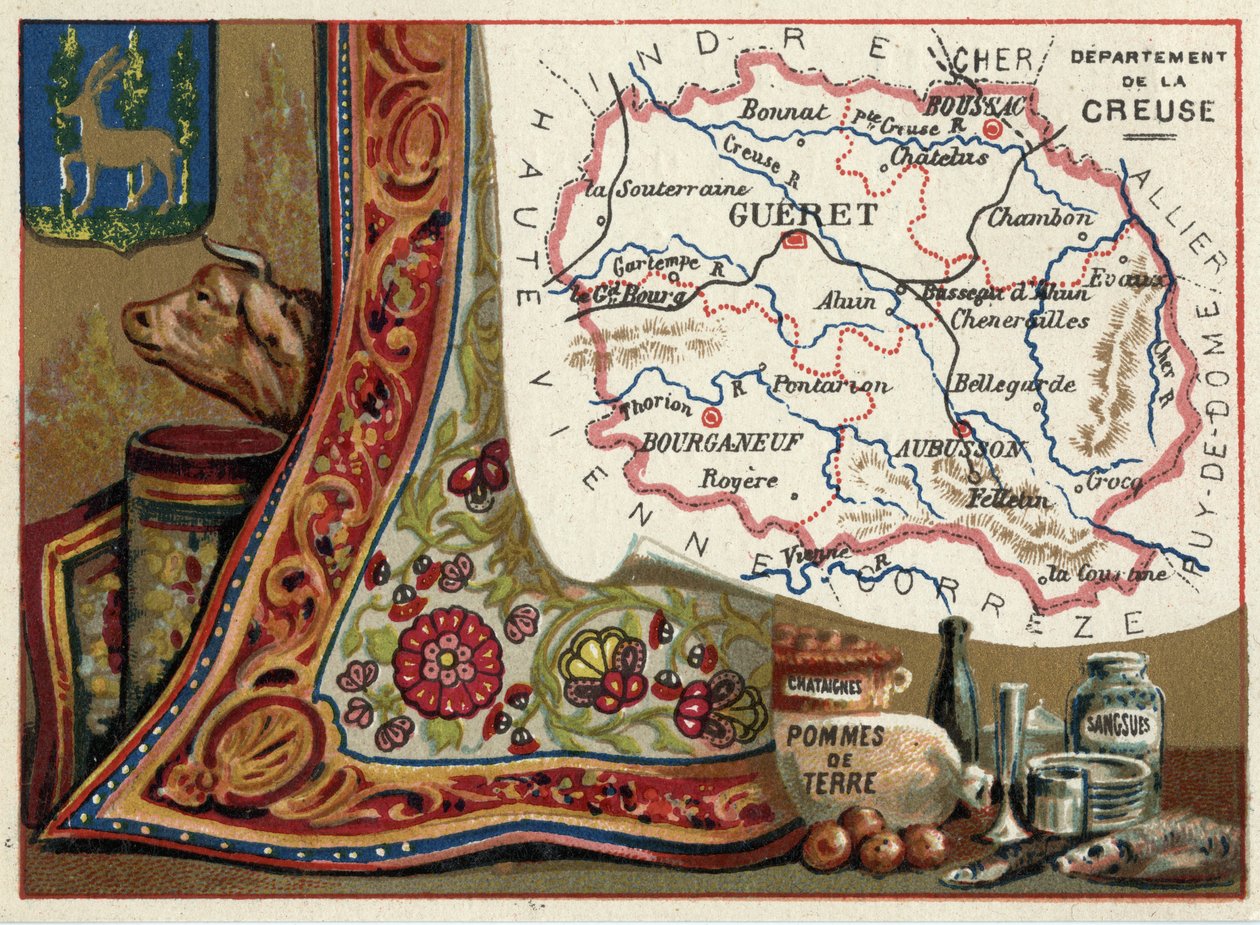 La Creuse (23), Le Limousin, Frankrike. Kastanjer, potatis och blodiglar. Serie om de franska departementen. Kromolitografi (Chromo) "" den geografiska tråden"", ca 1920. Privat samling. av French School