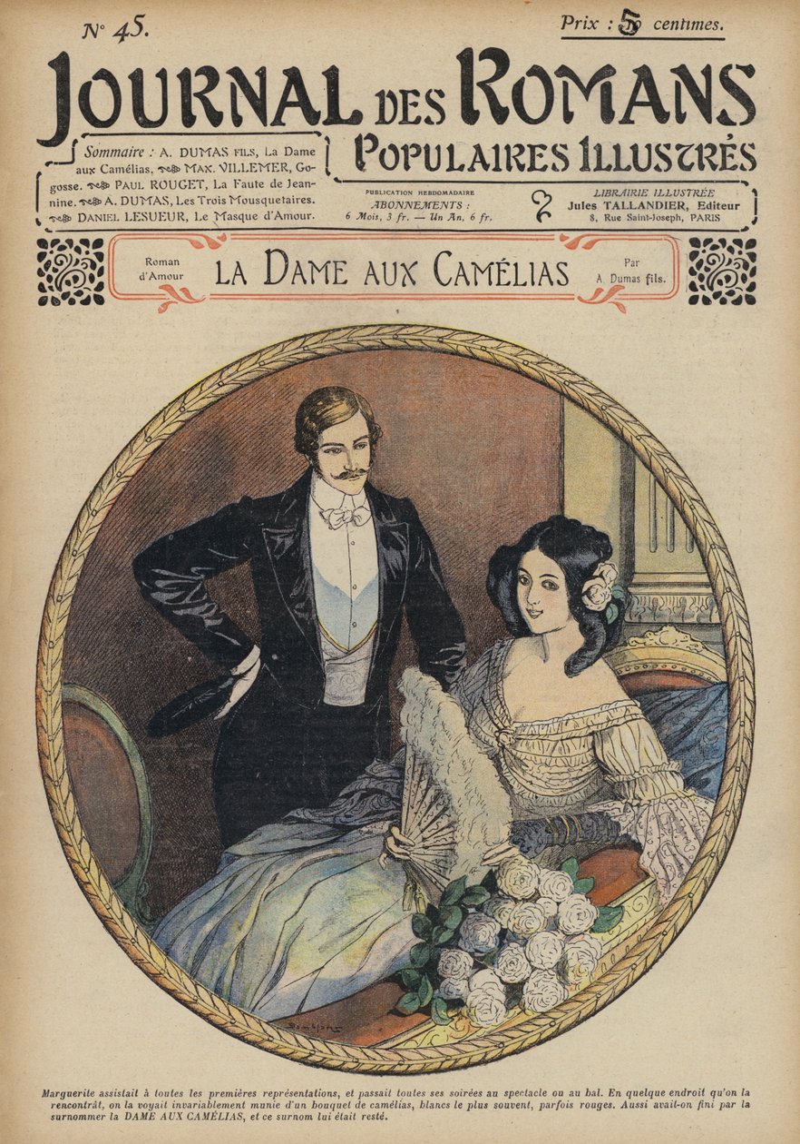 La Dame Aux Camelias av Alexandre Dumas fils (färglitografi) av French School