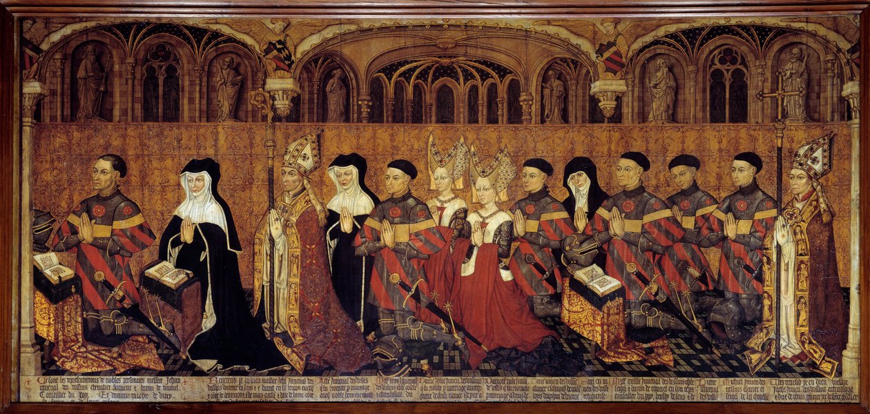 La Famille Jouvenel des Ursins Magistraten, prevot Jean Jouvenel des Ursins eller Jean Juvenal des Ursins (1360-1431), representerar tillsammans med sina familjemedlemmar i bön. Målning på franska skolans trä. 1443-1449. Sön 1,3x3,5 m Paris, nationalmuseet av French School