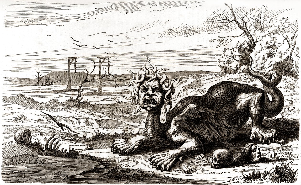 La Frond (1648-1653): ett monstruöst djur med ormhår, står över människolik och skelett av French School