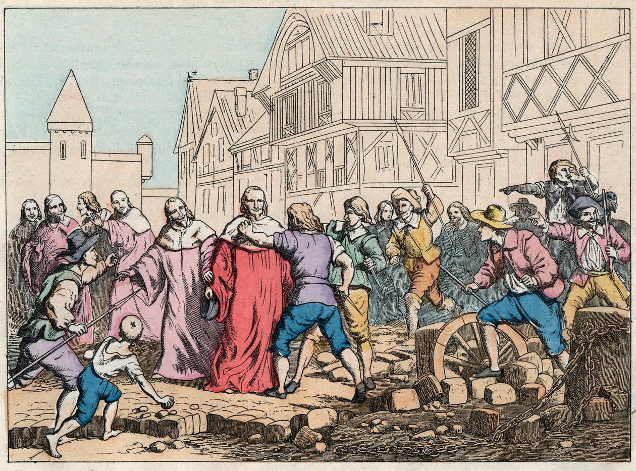 La Fronde (27 augusti 1648) - barrikader i Paris: en rotorpojke som hotar parlamentets president Mathieu Mole (1584-1656) - President Mole handlades av rebeller - Gravering av slutet av 1800-talet i "" Nos Gires Nationales - Bilder och reci av French School