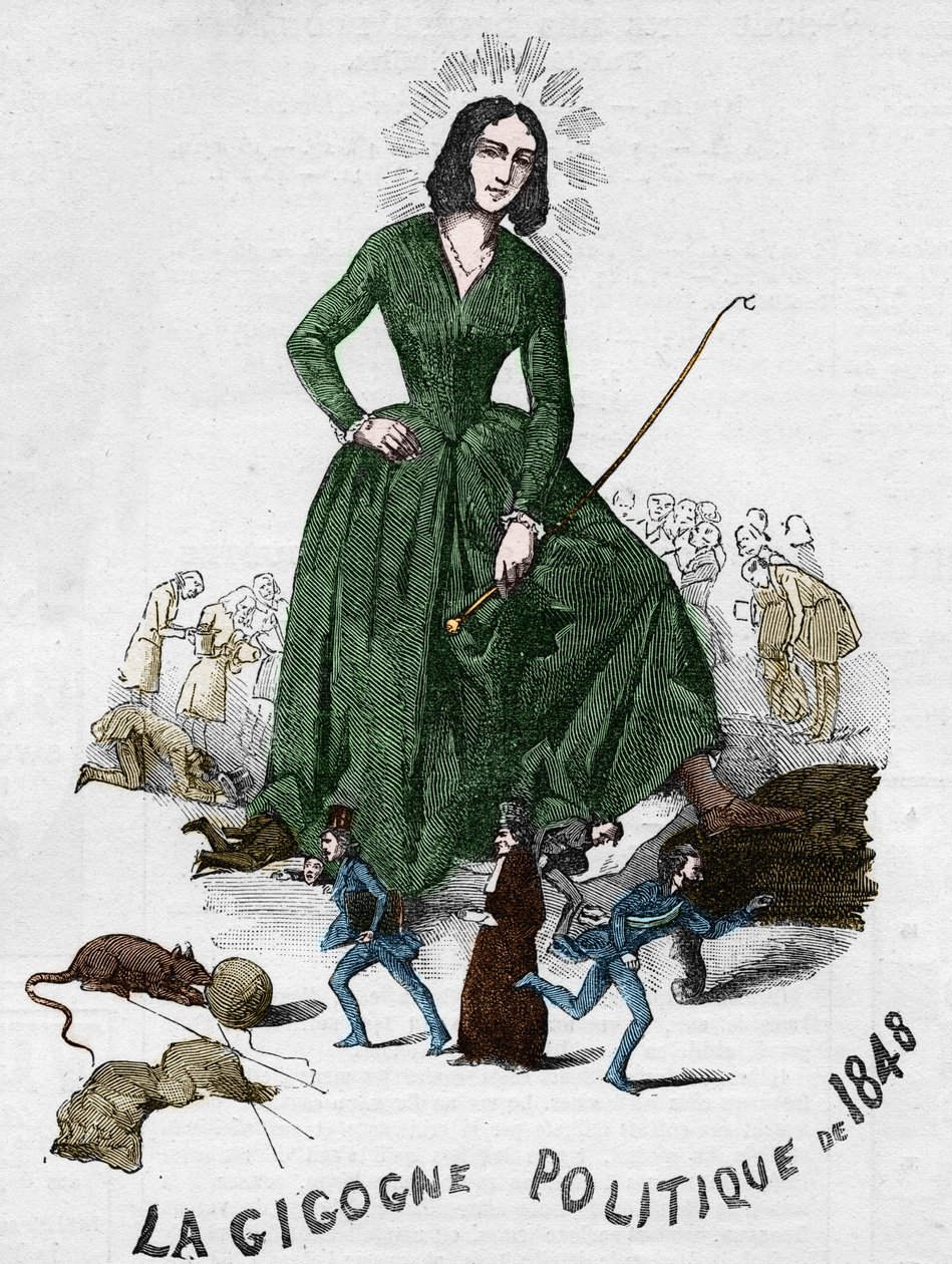 Den politiska Gigogne 1848 (George Sand (Aurore Dupin, Baronne Dudevant) (1804-1876) fransk författare). Tecknad film gjord i Bourges 1848 från Adolphe Julliens romantiska samling. av French School