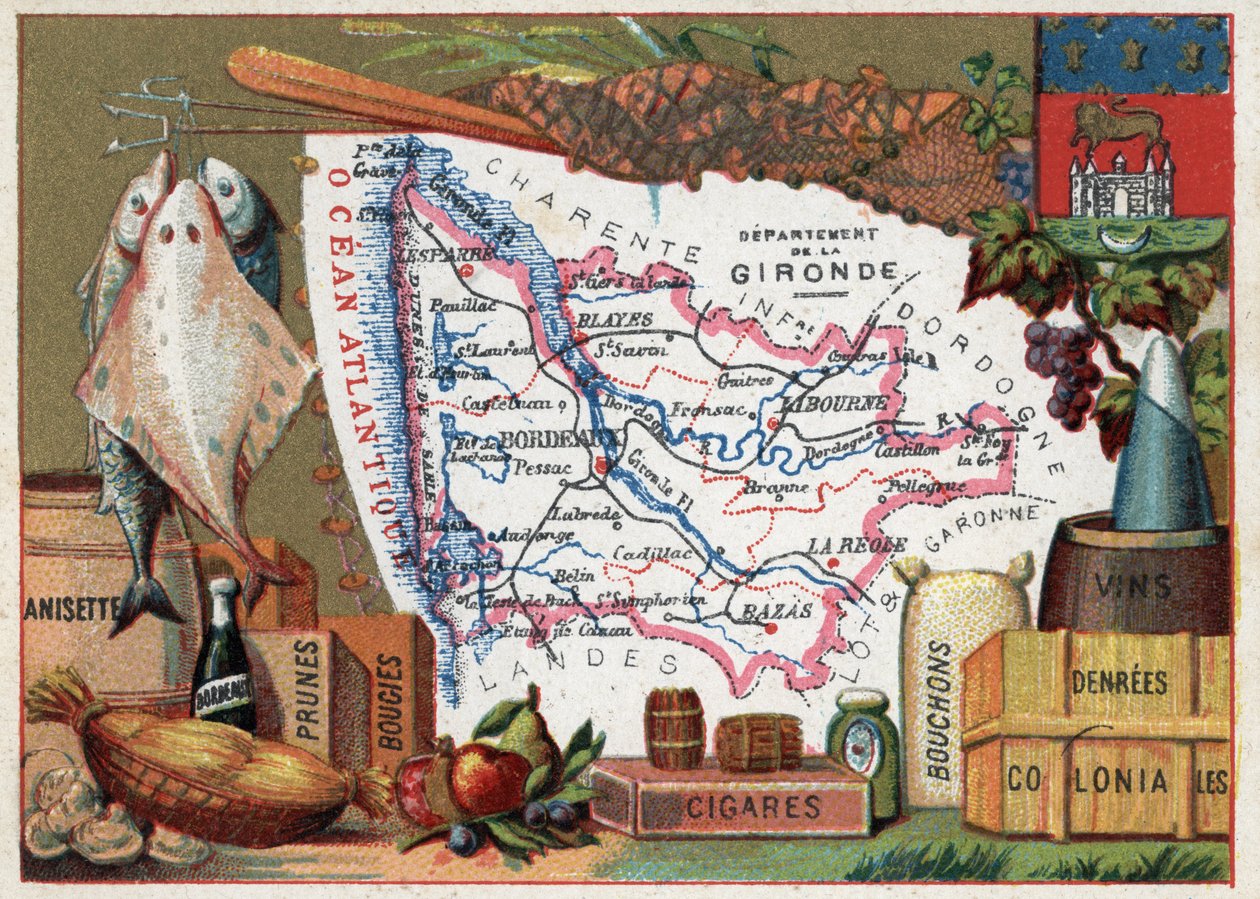 La Gironde (33), Aquitaine, Frankrike. Lokal specialitet: fisk, anisett, Bordeauxvin, plommon, ljus, cigarrer, korkar och kolonial mat. Serie om de franska departementen. Kromolitografi (Chromo) "" den geografiska tråden"", ca 1920. Privat samling. av French School
