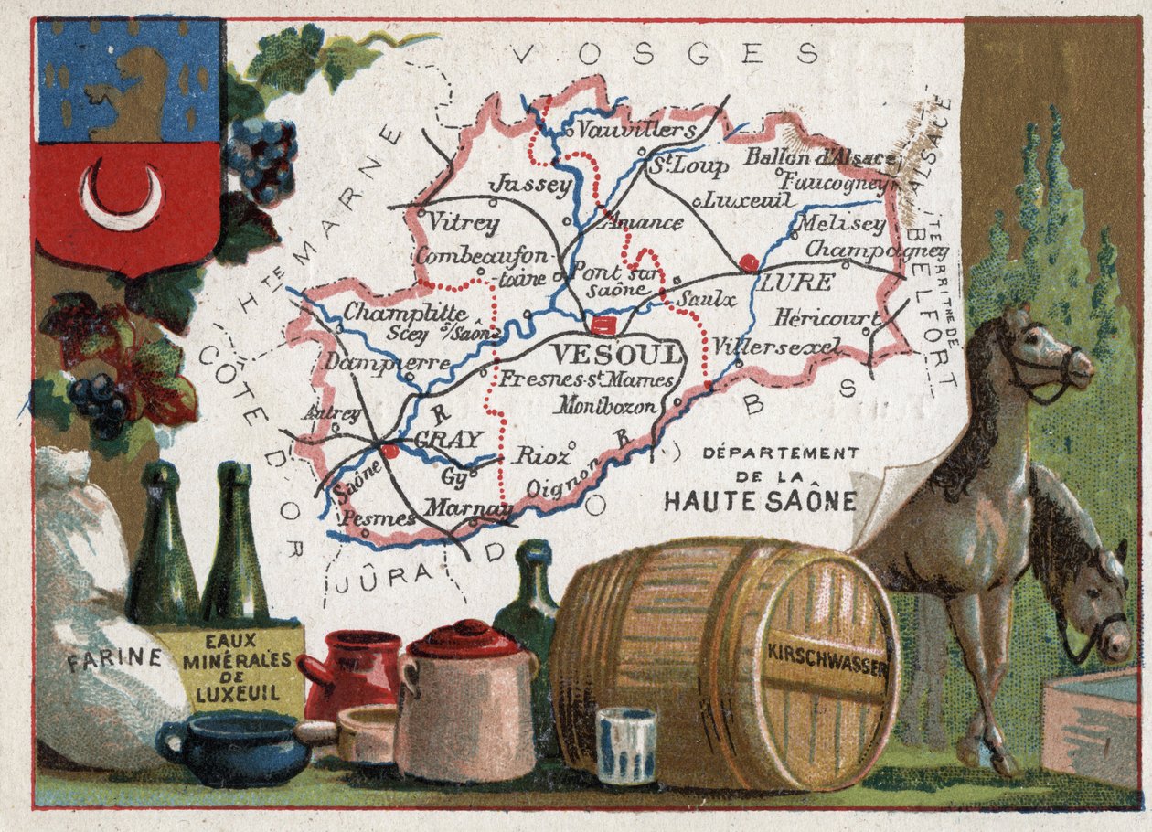 Haute-Saone (Haute Saone, 70), Franche Comte (Franche-Comte), Frankrike. Mjöl, Luxeuil Minerales, kirschwasser (kirsch). Serie om de franska departementen. Kromolitografi (Chromo) "" den geografiska tråden"", ca 1920. Privat samling. av French School