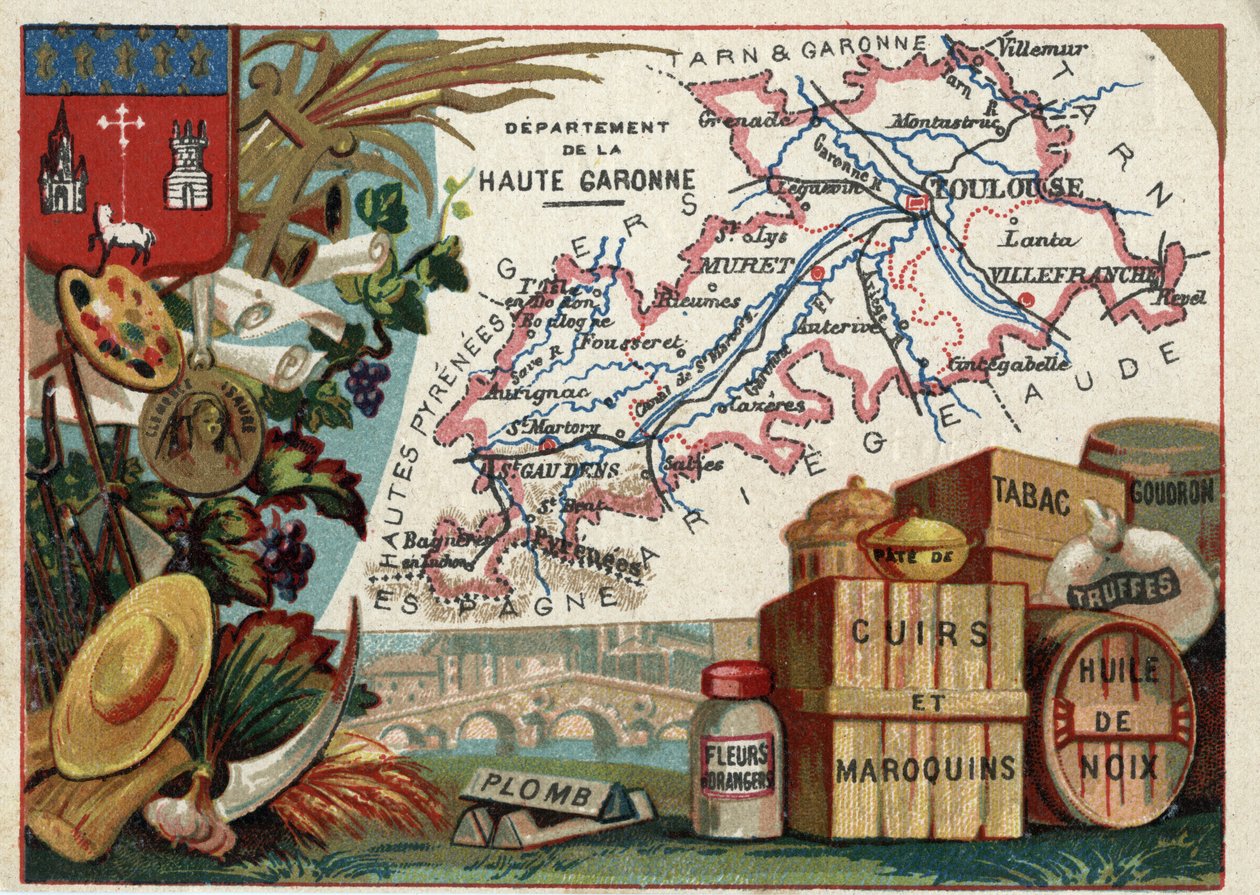 La Haute Garonne (Haute-Garonne, 31), Midi-Pyrénées (Midi Pyrenéerna), Frankrike. Lokal specialitet: bly, apelsinblommor, pasta, läder- och lädervaror, tobak, valnötsolja, tjära och tryffel. Serie om de franska departementen. Kromolitografi (Chromo) "" t av French School