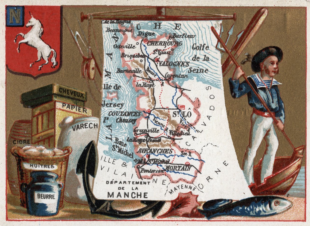 La Manche (50), Basse Normandie (Basse-Normandie), Frankrike. Lokal specialitet: persika och ostron, cider och papper. Serie om de franska departementen. Kromolitografi (Chromo) "" den geografiska tråden"", ca 1920. Privat samling. av French School