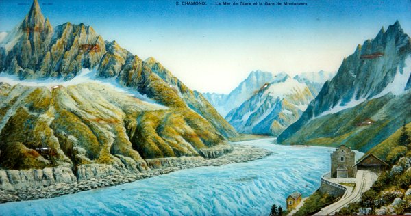 La Mer du Glace, Aiguille du Dru och Montanvers Station, ca 1900 (färgad bild) av French School