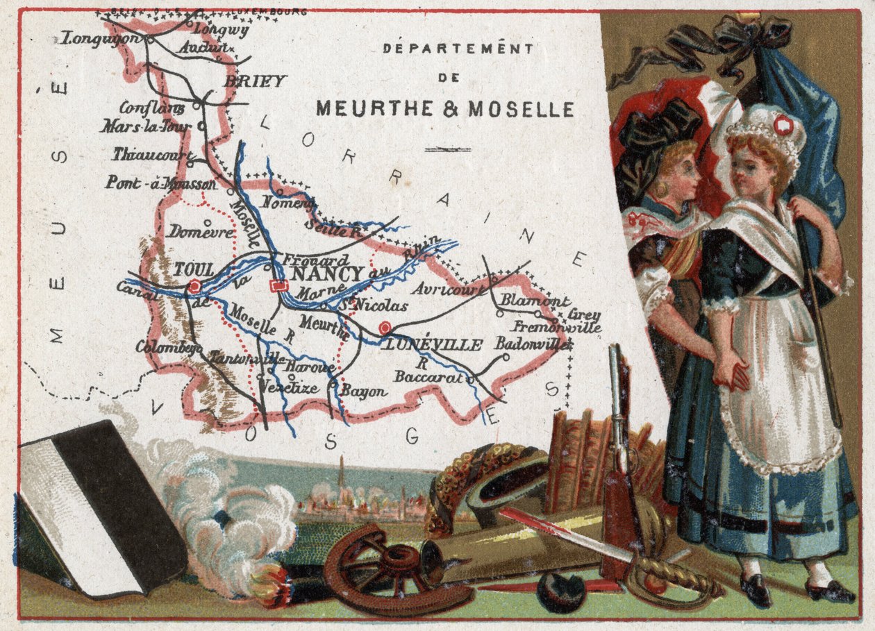 La Meurthe et Moselle (Meurthe-Et-Moselle, 54), Lorraine, Frankrike. Porträtt av två revolutionära kvinnor. Serie om de franska departementen. Kromolitografi (Chromo) "" den geografiska tråden"", ca 1920. Privat samling. av French School