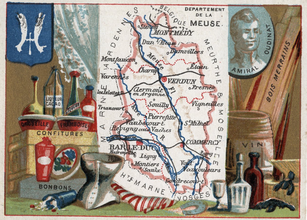 La Meuse (55), Lorraine, Frankrike. Porträtt av amiral Oudinat (snarare Nicolas Charles Marie Oudinot, hertig av Reggio 1767-1847), marechal av imperiet. Lokal specialitet: krusbärs- och Framboislikör, godis, vin och merränskogar. Serie om den franska Depa av French School