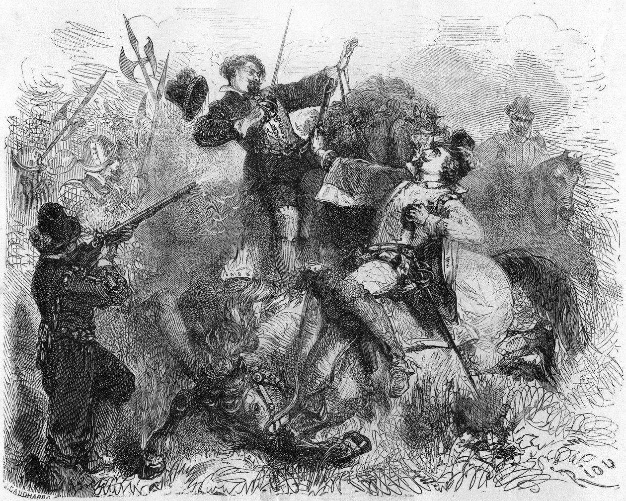 La Renaudie, en gentleman från Limousin, som kämpar för religionsfrihet, dödades den 16 mars 1559 under en strid. I "" Histoire Populaire de la France"", sd. ca 1885. Gravyr. av French School