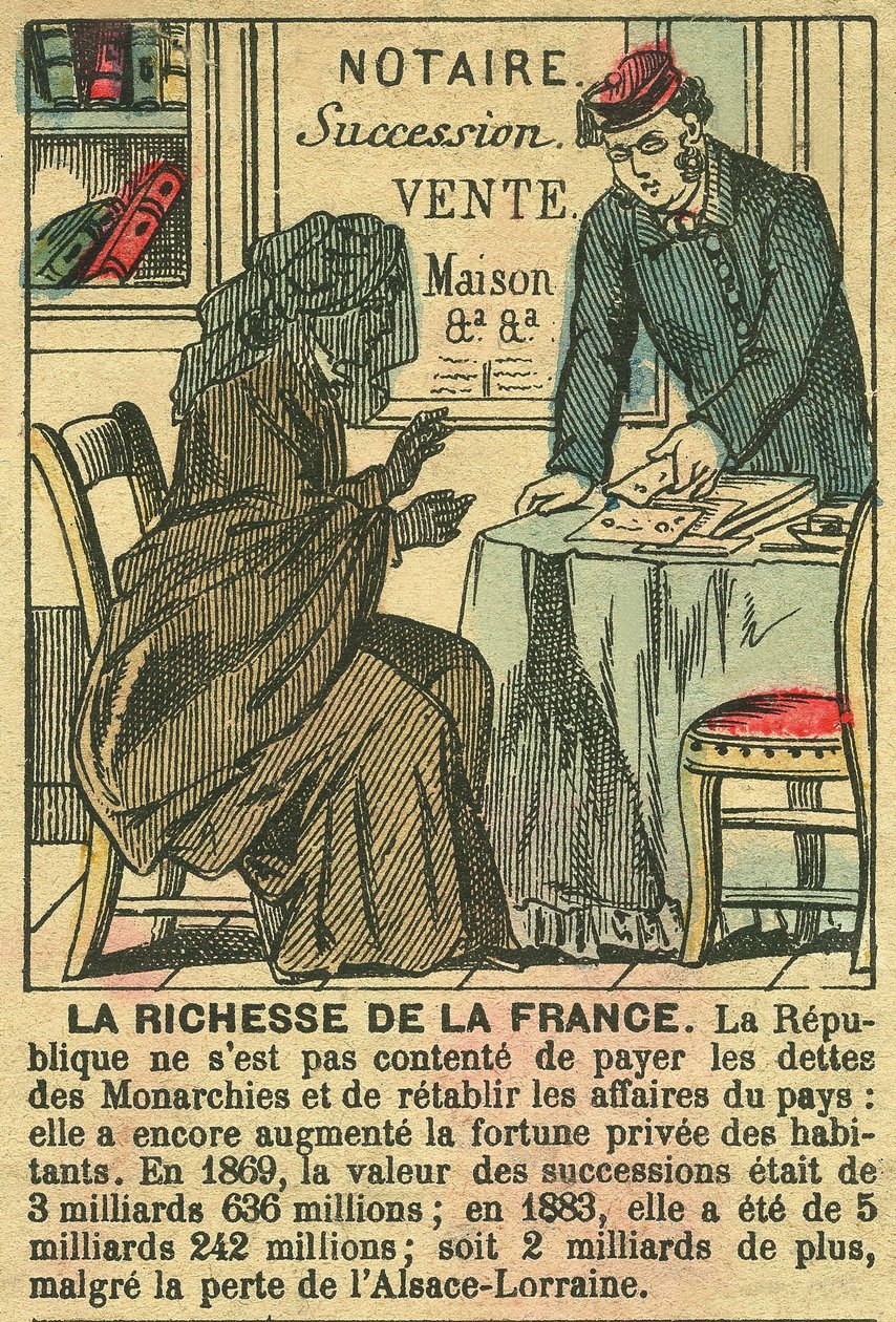 La Riche de la France, illustrerar den tredje republikens fördelar för fransmännens personliga berikande. Gravyr, i "Le Figaro, supplement", den 30/03/1889, Paris. av French School
