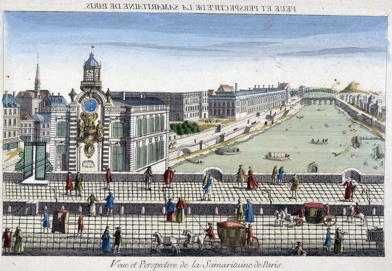 La Samaritaine (vattenpump) på Pont Neuf i Paris - optisk vy av French School