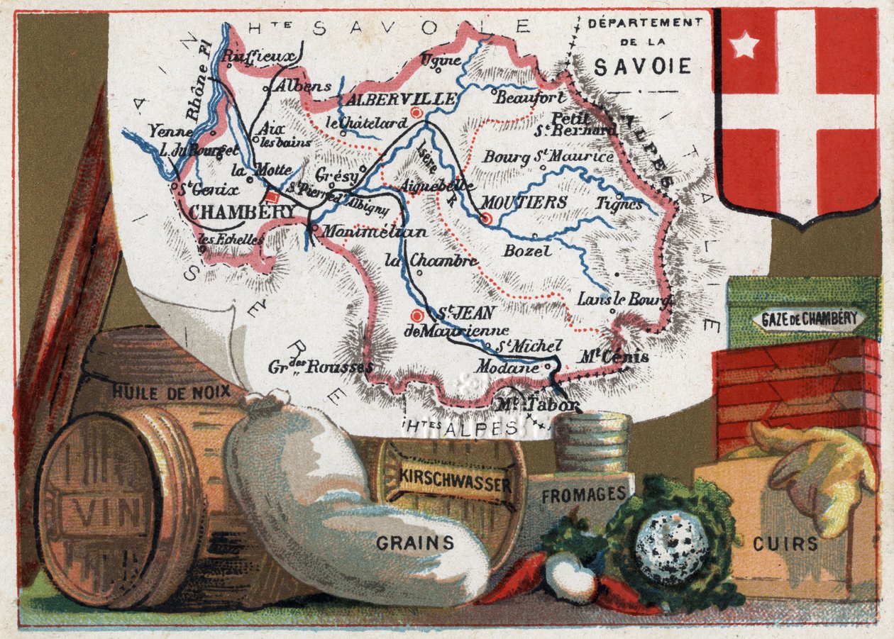 La Savoie (73), Rhone Alpes (Rhône-Alpes), Frankrike. Serie om de franska departementen. Lokal specialitet: valnötsolja, vin, spannmål, kirschwasser (kirsch), ost, kammargasväv och läder. Chromolithography (Chromo) "" den geografiska tråden"", cirka 1920.  av French School