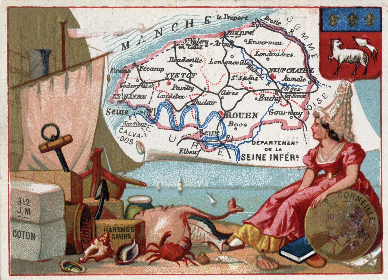 La Seine Inferieure, nu Seine Maritime (76), Haute Normandie (Haute-Normandie), Frankrike. Lokala specialiteter: bomull, cider, surströmming. Porträtt av Pierre Corneille (1606-1684), fransk dramatiker. Serie om de franska departementen. Kromolitografi (Ch av French School